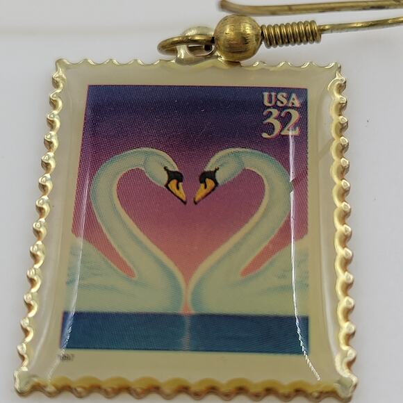 Swan Love 32 Cent Stamp Dangle Earrings Heart Gold Tone Postage Mail USA - Picture 2 of 12